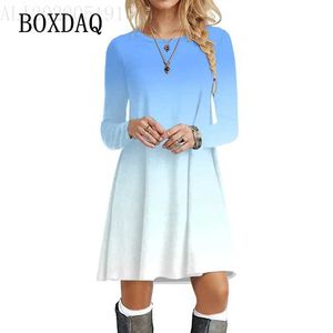 Vestidos casuais básicos gradiente de moda elegante Mulheres vestidos outono inverno longa slve o-pescoço losear roupas casuais mini vestidos grandes vestidos y240515