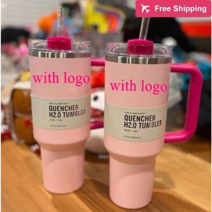 Pink Flamingo 40oz Quencher H20 kaffemuggar koppar utomhus camping rese bil kopp rostfritt stål stanhet standlighet stanleiness standleiness staneliness mpva