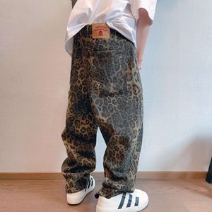 Original Summer American Style Tongy Washed Army Green Denim Leopard Print Men's and Women's NS Wide Leg Pants, M516 42