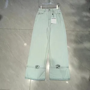 Nytt mode 2024 Wash Blue Wide Leg Embroidery Denim Pants Women High midjeknapp Löst långa jeans streetwear