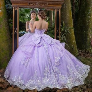 Lavanta parlak quinceanera elbiseler balo dantel aplikler boncuklar yorgun omuz prenses balo elbisesi tatlı için özel yapılmış