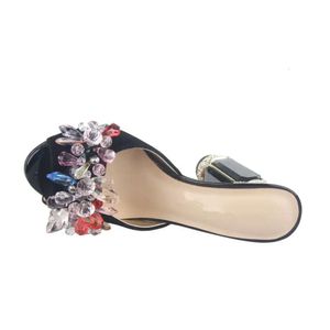 Damen 2024 Frauen echter Leder-Strass-Strass-High Heels Sandalen Wildleder Sommer Flip-Flops Slipper-On-Kleidungsschuhe Diamant-Stimmzettel 3d bunte Blume Schwarz 0917