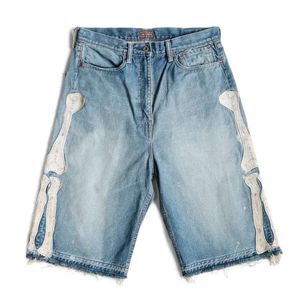 Herren Jeans Kapital Hirata Hohiro Lose entspannte Hosen bestickte Knochenwäsche verwendet rohe Kanten -Denim -Shorts für Männer und Frauen lässig a e