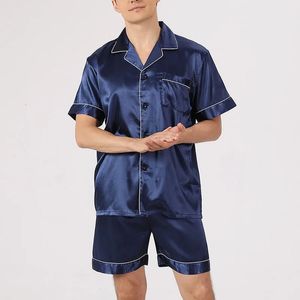 Männer Pyjama Sets Eis Seide Satin Kurzarm Shirtshorts 2pcs Anzug Sommer Dünne Nachtwäsche Solid Farbe Männliche lässige Home -Kleidung 240516