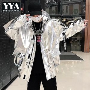 Harajuku Mens Casual Loose Fit Hoody Jacket Streetwear Hip Hop Outerwear Coat Man Stage Show Silver Golden Printed Baggy 240513
