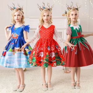 Christmas Girls 2023 New Dresses for Kids Cartoon Printed Dance Performance Teeanger Party Dress Baby Costume Clothing L2405