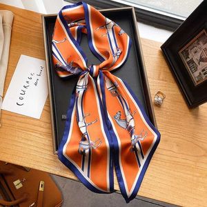 Bandanas Durag Luxury Horse Printed Long Silk Scarf Womens Animal Thin Narrow Scarf Bag Headband Scarf J240516