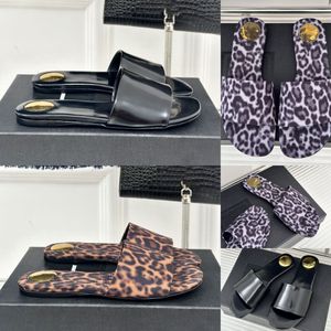 Women Slides Sandals Leopard Grosgrain Designer Slippers Flat Mules Calfskin Round Head Gold Accessory Summer Beach Sandale Leather Sole Luxury Open toe Slipper