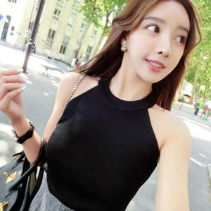 2024 new off-the-shoulder hanging neck sleeveless top base shirt slimming knit short small halter small vest woman