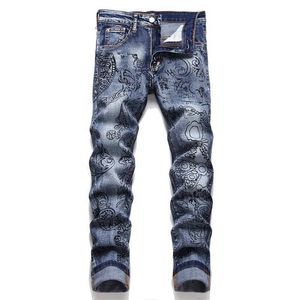 Mäns jeans EHMD broderad tecknad tryckta mens jeans avancerade itan-stil mjuk casual bomull elastisk 3D-porträtt höst och vinter23 T240515