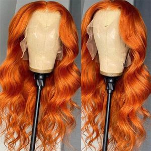 13x4 Spitze vorne Perücke menschliches Haar Körper Wellenperiere brasilianisch glühlos vorgeprahlte Spitze Frontalperücke Orange Farbe