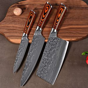 Damascus Pattern Three Piece Set of Sharp Chef Fruit Knife, Stainless Steel Kitchen Slicer with Gift Box