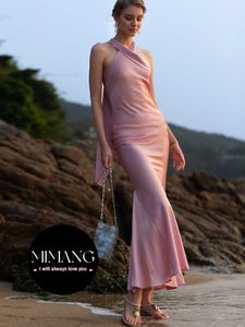 Womens neck hanging Party Dress high-end temperament pink Evening Dress bridesmaid texture long dress satin light evening gown