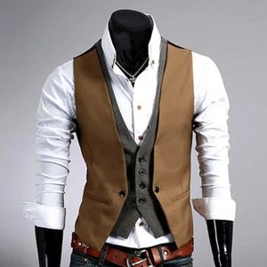 Homens coletes colete de cintura comercial cor sólido color de botão único gilet falsa de duas peças v pescoço casual slim chalecos para hombre 240515