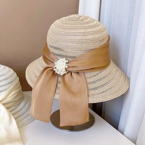 Wide Brim Hats 202405-2508920 Ins Summner Vintage Lightweight Imitation Linen Material Can Fold Pearl Holiday Lady Sun Cap Women Leisure Hat