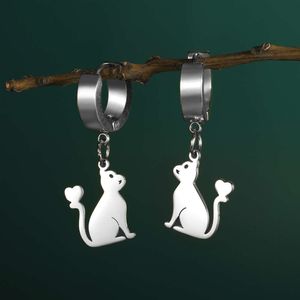 Cute Cat Dangle Stainless Steel Lovely Heart Baby Kitten Pendant Drop Earrings For Women Trend Jewelry Gift