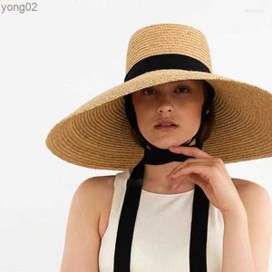 Breda randen hattar europeiska amerikanska stora platt topp handgjorda raffia stråhatt för kvinnor utomhus casual strandsemester elob22
