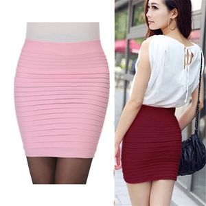 Elastischer Faltenrock hohe Taille Bodycon Mini Business Office Short Bleistiftröcke Solid Color Pink Black Blue 240516