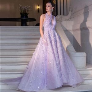 Partykleider Luxushalter Hals Lilac Ein Zeilenabendkleid für Frauen langer Rücken ohne Rücken