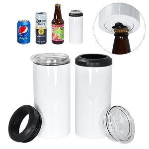 Sublimation white 16oz 4 in 1 Cooler with opener Blank straight Tumblers With 2 Lids Stainless Steel cola Can cooler Double Insulated Cold beer coolers