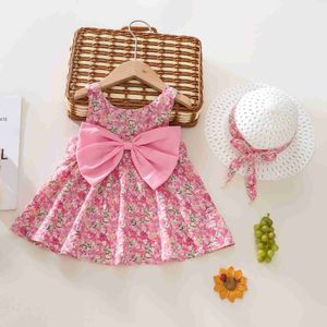 Sukienki dziewczynki Summer 2-częściowy sukienka dla niemowląt+czapka słoneczna Pasek Kwiatowa dziewczynka sukienka miękka i wygodna dziecięca odzież wx