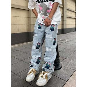 American China-chic personlig perforerad patch jeans Mäns lös raka mångsidiga långa byxor M516 68
