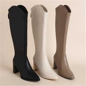 أحذية بالإضافة إلى حجم 34-43 نساء جديد سحاب الكعب العالي السميكة البسيطة الخريف شتاء الركبة H240516