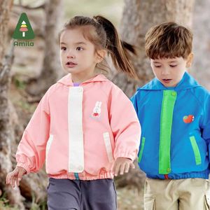 Cardigan Amila 2024 Spring New Girls Boys Jacket Vibrant Outdoor Hooded Rain Stain Anti-Static Contrast Patchwork Coatl2405