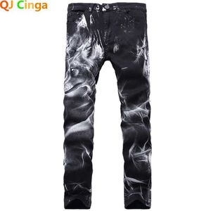 Men's Pants Nightclub mens 3D printed jeans with denim black wolf pattern printed punk straight cotton casual printed jeans Plus size 28-42 J240510