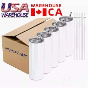 CA USA warehouse 25pc/Carton Sublimation Tumblers 20oz Stainless Steel Double Wall Insulated Straight Blank White Water Cup with Lid And Straw For Heat Transfer 0516