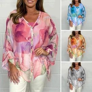 Blouses feminina Mulheres Camisa de manga comprida elegante Floral Print Chiffon para Summer Loose Fit Manga longa Top com sol