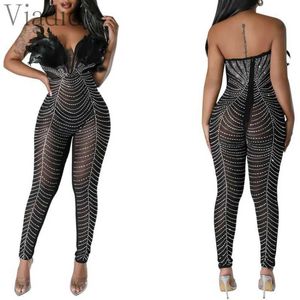 Women's Jumpsuits Rompers Rhinestone Feather Decor Mesh Slveless Backless Skinny Jumpsuit T240515