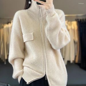 Women's Jackets Cashmere Thickened Jacket Autumn Winter Long Sleeved High Necked Solid Color Zippered Wool Knitted Cardigan