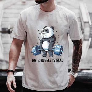 Men's T-Shirts Struggle is a true panda weightlifting graphic T-shirt for men short sleeved mens brand gym O-neck Q240515