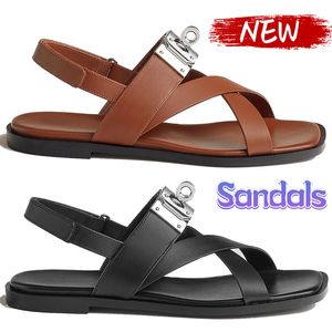 Designer Sandaler Ines Calfskin Slide Flat Heel Sandal Natural Noir White Summer Slippers Luxury Womens Beach Slides Outdoor Fashion Shoes Women Casual Slipper