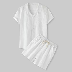 夏の快適な短袖ボタンメンズソリッドカラーTシャツメンズコットンとリネンカジュアルセット240430