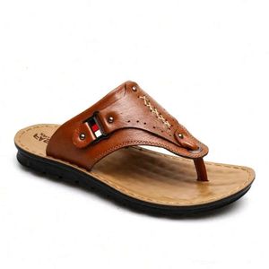 Новые шлебцы Flip Slippers Summer Men Первый слой коровью кожа плос