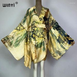 Africa Kimono Chinese Oil Painting Print Boho Kaftan For Woman Cover-up Elegant Cardigan Sexy Beach Swimsuit Evening Dress