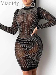 Runway Dresses Women Sexy Shr Mesh Rhinstone Decor Long Slve Bodycon S Through Party Dress T240515