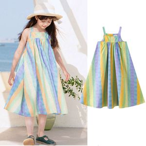 Girls 2024 Summer Children's Striped Vacation Dresses Beach Dress for Kids Sleeveless Baby Sundresses Costume 1-8years L2405