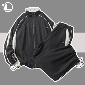 Leisure sports set mens loose patchwork striped school team jacketstraight pants high street 2-piece black thin fashion set 240510