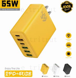 65W Fast Charger 6 Ports 4 USB A 2 Type C PD Type-C Charging Charger Quick Charge QC3.0 Mobiltelefon Väggladdare Flera färger för iPhone Samsung EU US UK Plug-adapter