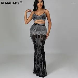 Work Dresses Sexy Crop Camis Top And High Waist Maxi Skirts 2 Piece Set Women Night Club Party Diamond Transparent Mesh Female Outfits Suit