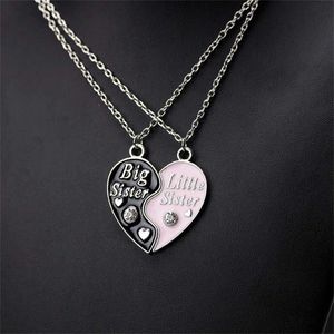 Pendant Necklaces 2-piece female heart-shaped sisters necklace Rhinestone black pink pendant charm alloy jewelry BFF gift J240513