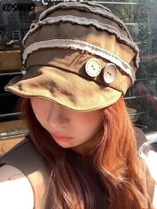 Streetwear Olive Green Punk Hat Harajuku Style Patchwork Fashion Simple Hats Spring Autumn Grunge Y2k Aesthetic Button Cap 240509