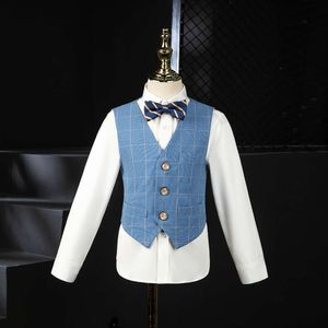 Boys Plaid Wedding Kids Formal Jacket Vest Pants Bowtie 4PCS Tuxedo Dress Children Photography Suit Performance Costume