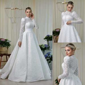 Muslim Lace Wedding Dresses Long Sleeves A Line Pearls Bridal Gowns Sequined High Neckline Sweep Train Vestido De Novia