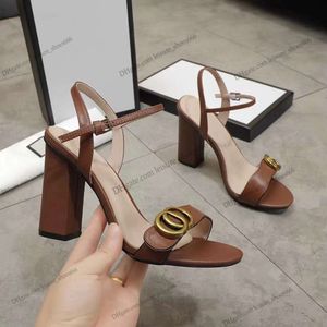 designer Womens High Heel Sandals Leather Party Fashion Metal Double buckle Summer Designer Sexy Peep-toe womens chunky Heel Dress Shoes High Heels 10cm 35-42