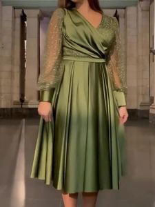 Green A-lline Short Evening Party Dress 2024 V-neck Long Puff Sequins Sleeve Tea Length Prom Formal Dresses Dubai Robe De Soiree Customed