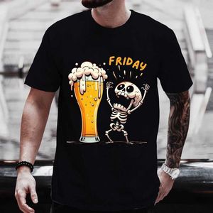 Men's T-Shirts Mens T-shirt Short sleeved Top Skull Enjoyment Friday Black Beer Enthusiast Clothing Q240515
